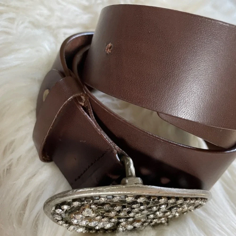 Brown Med Belt Genuine Leather Rhinestones 85CMs